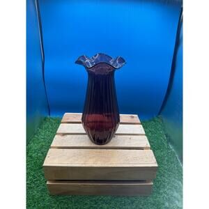 Vintage Amethyst Glass Ruffled Vase - 9.5" Optic Rib Purple Art Glass Vessel